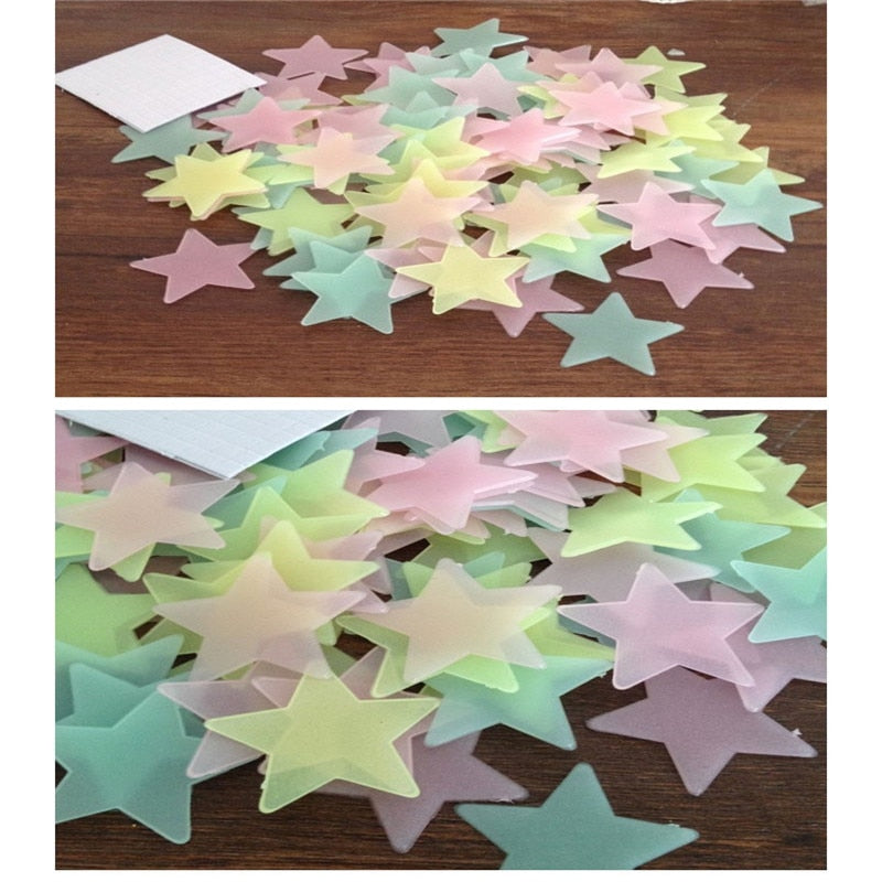 100PCS 3D Colorful Luminous Stars Stickers Glow In The Dark Fluorescent  Decal