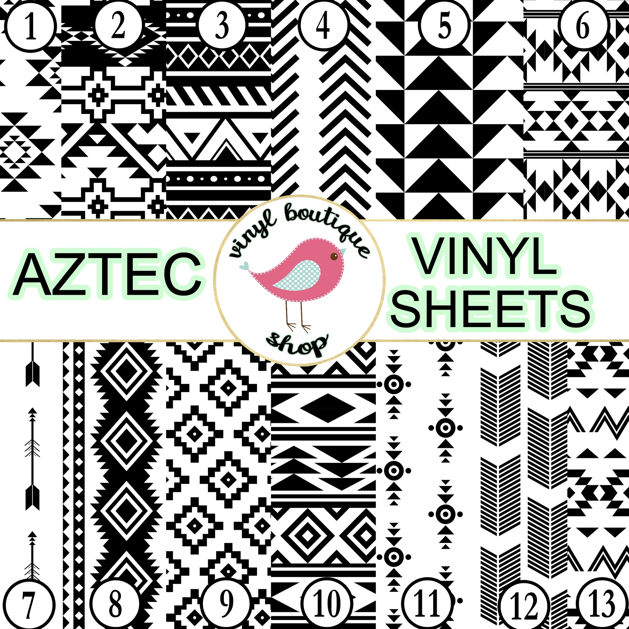 Aztec Black and White Geometric print Adhesive Heat Transfer Vinyl Sheet - Vinyl Boutique Shop