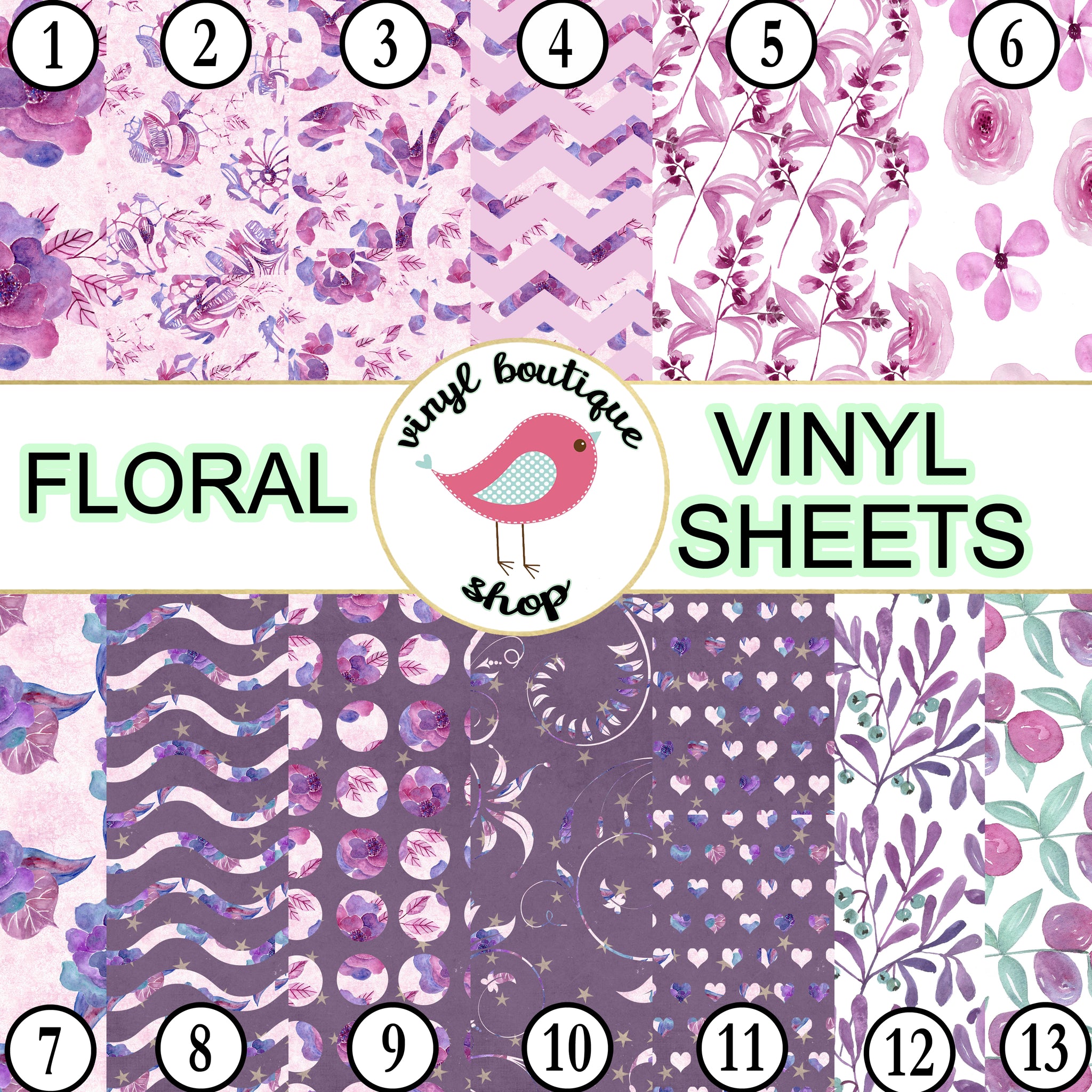 Purple Floral print Adhesive Heat Transfer Vinyl Sheet - Vinyl Boutique Shop