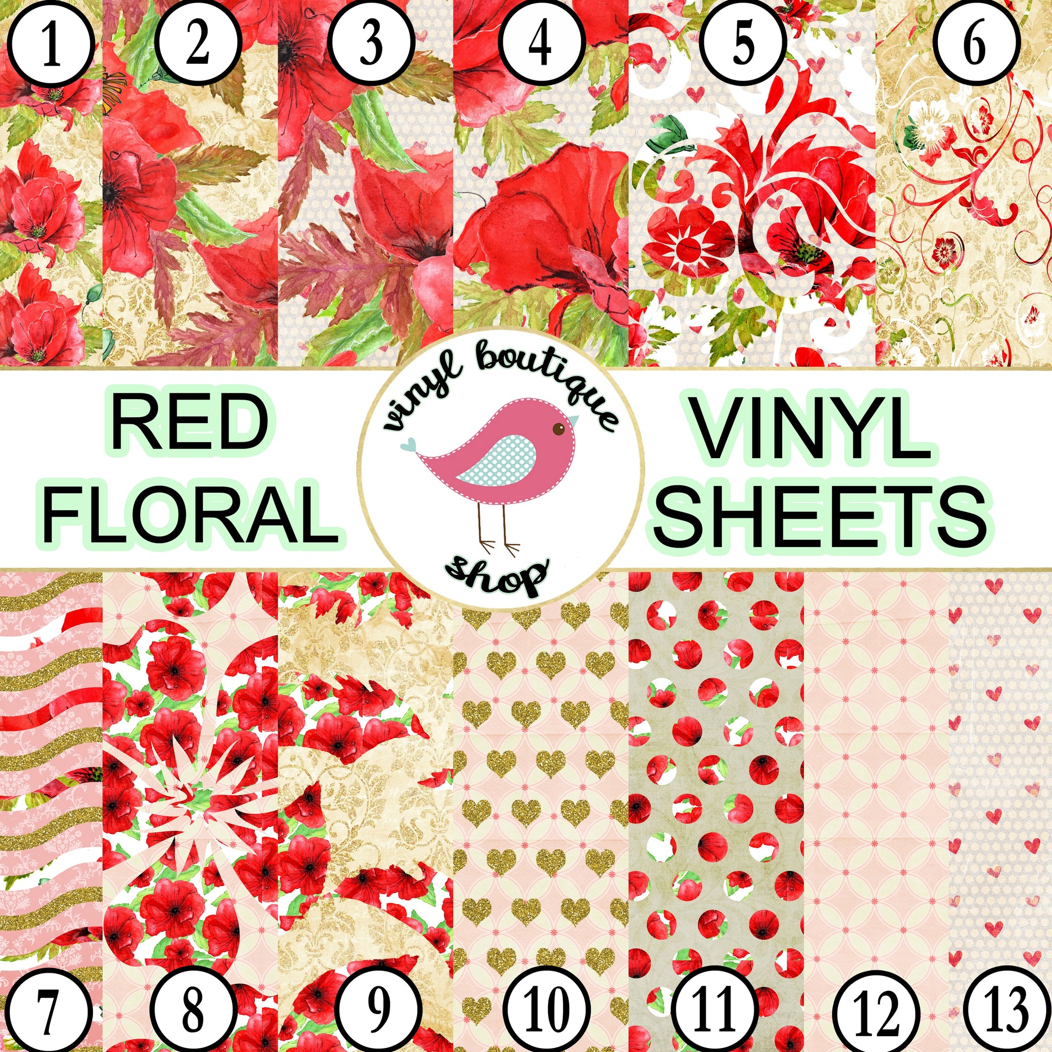 Red Floral print Adhesive Heat Transfer Vinyl Sheet - Vinyl Boutique Shop